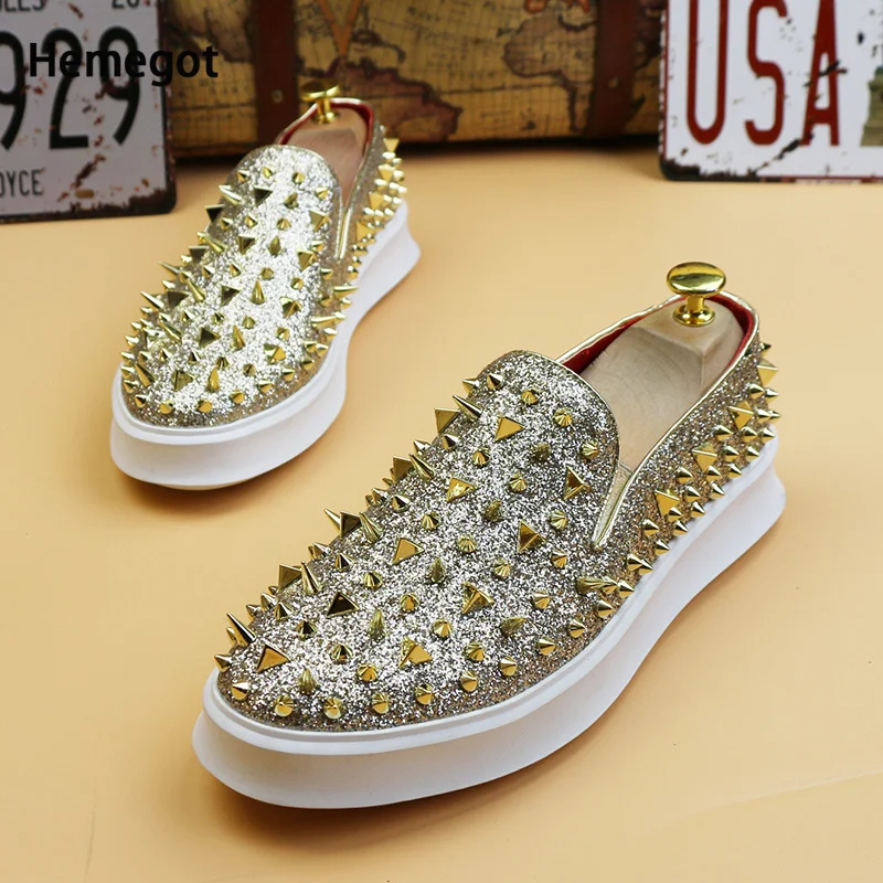 Punk Ronde Neus Strass Lovertjes Loafers Voor Heren Casual Schoenen Klinknagel Skateboard Schoenen Trendy Platte Slip Op Herenschoenen