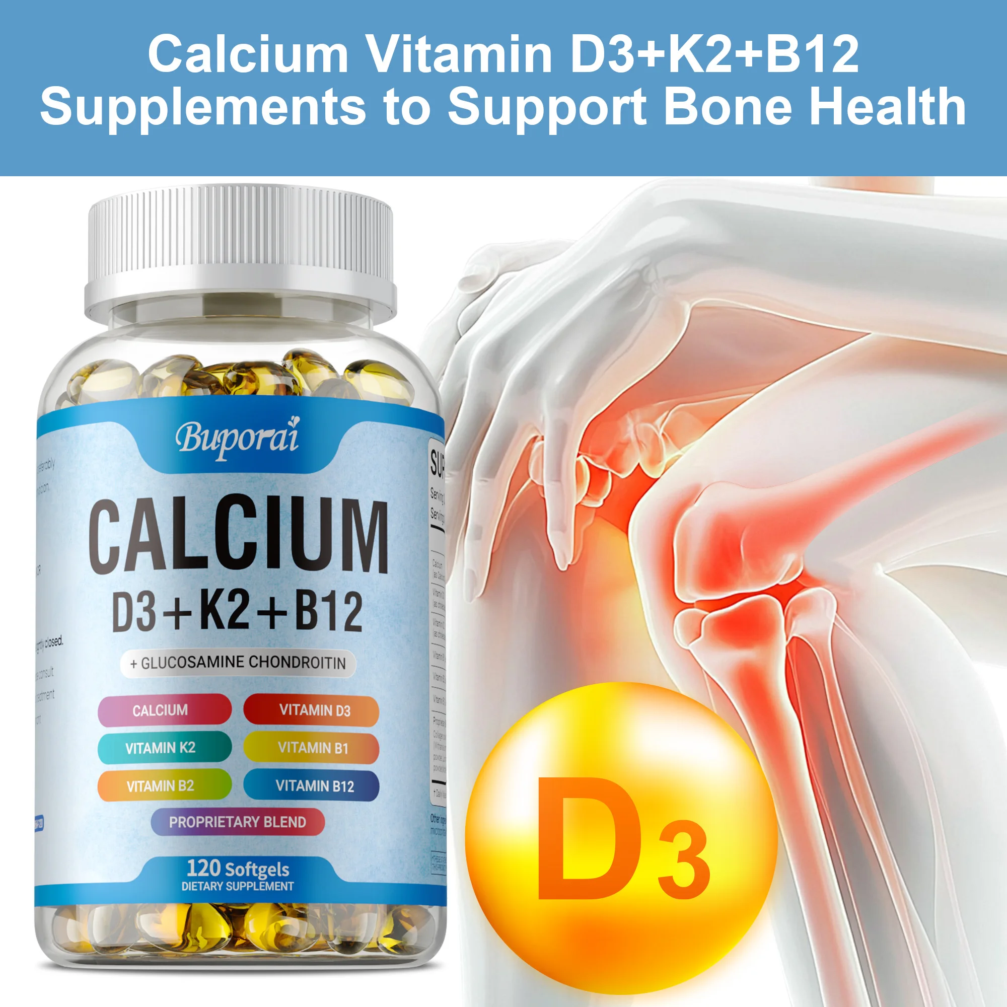 

Vitamin D3 K2 Capsules with B12 Vitamin Regulate Calcium Metabolism Supports Promote Bone Health Immunity System