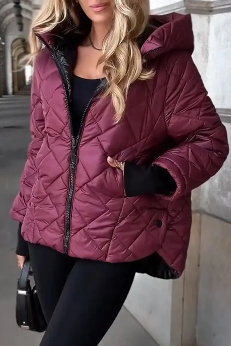 Matching Set Hooded Diamond Quilted Cotton Coat Winter Warm Jacket Tops