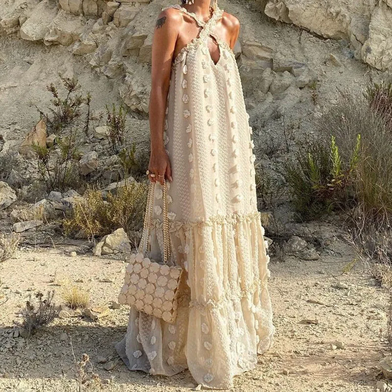 Bohemian Women's Summer Long Dress Sexy Boho Hanging Neck Sleeveless Beach Sundress Vacation Floral Evening Prom Maxi Dresses