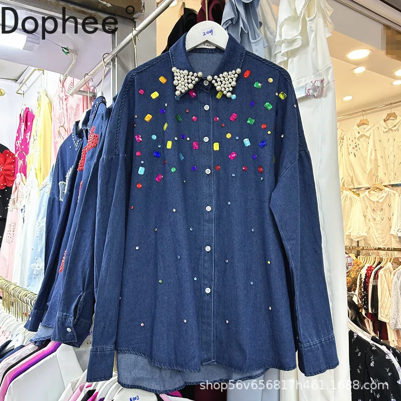 

Colored Diamonds Autumn Long Sleeve Denim Shirt Fashion Single-breasted Loose Cardigans Coat Beads Rhinestone Casual Jean Blouse