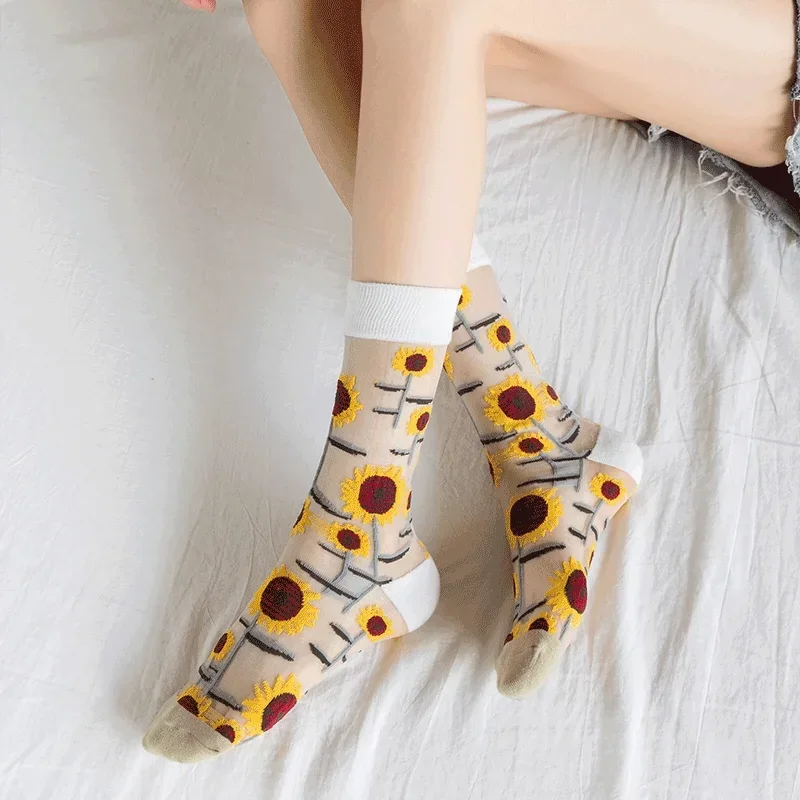 Summer Women Socks Floral Embroidery Ultra-thin Transparent Crystal Silk Socks Women Harajuku Vintage Elastic Nylon Long Socks