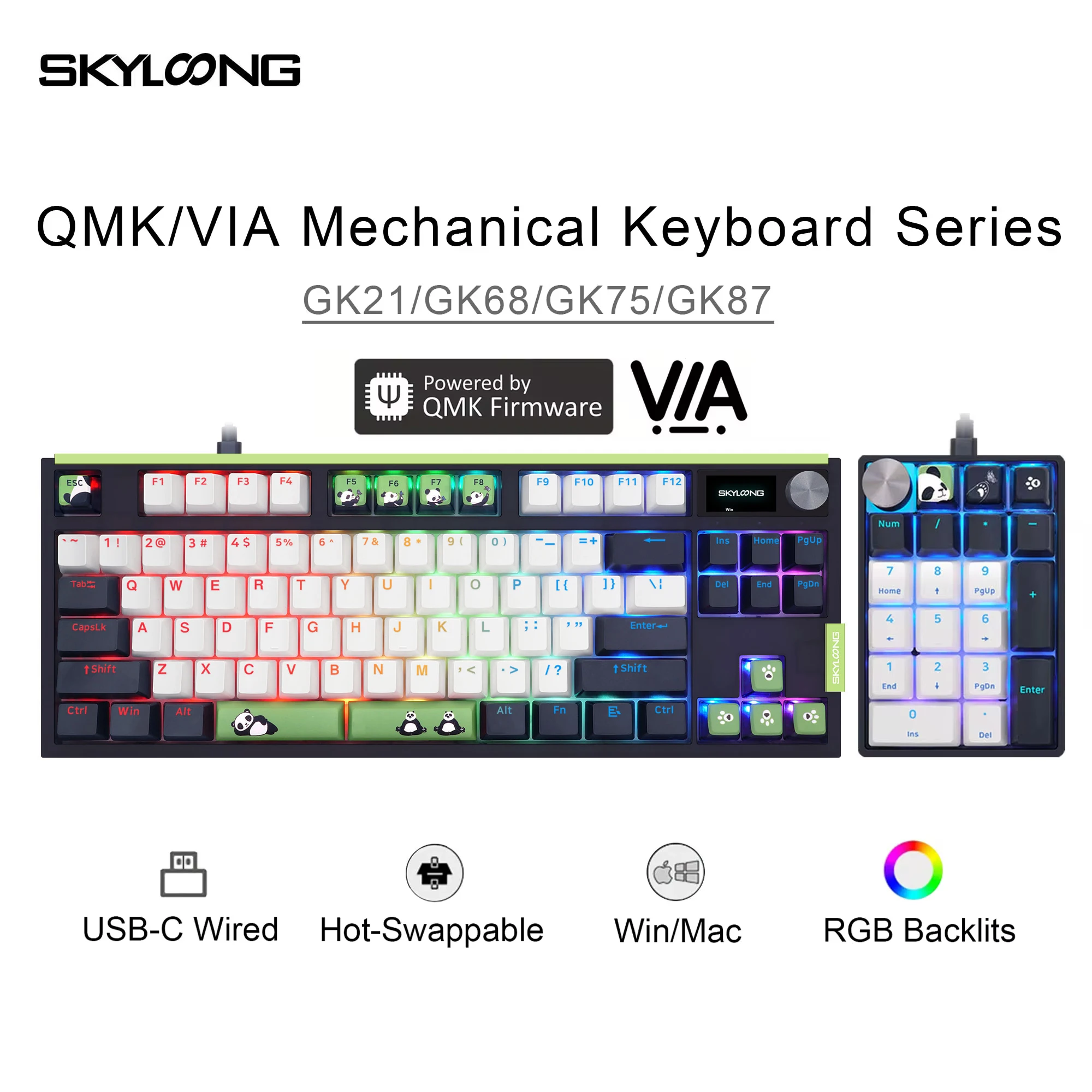 skyloong qmk via teclado mecanico gk21 68 75 87 tkl pacote vendas pbt panda keycaps quente swappable usb c teclado gamer com fio 01