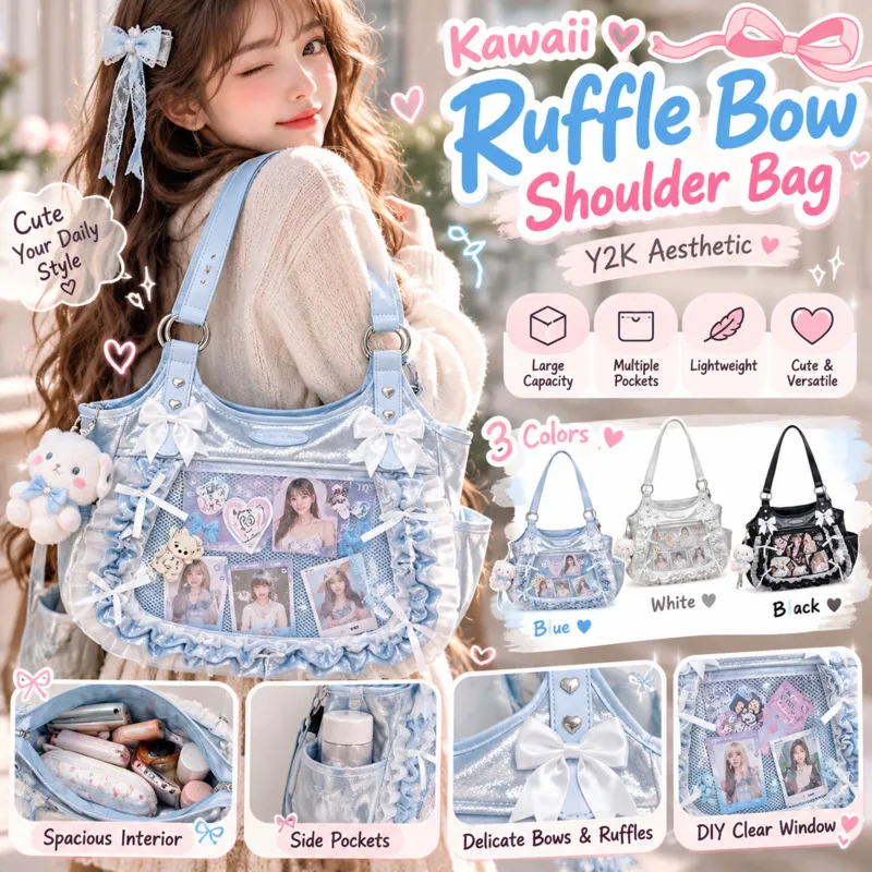 Bow Itabag Black Lolita Itabag Ruffles, Large Capacity Shoulder Tote Bag, Clear Display Anime, Badge Collection School Gift New