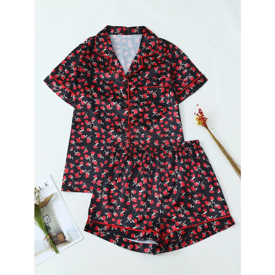 

Red Rose Flowers Print Pajamas for Women Home Wear Set 2pcs Lapel Short-sleeved Shirts Short Pants Easter Summer Gifts