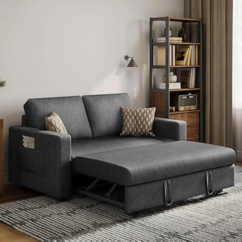 W/Pull-Out Bed Sleeper Sofa Convertible Couch for Limited Spaces Living Room Bedroom Guest Room Dark Gray 55.5 in, Sofa