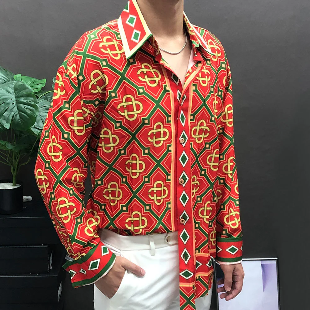 Ethnic Palace Print Shirt Fashion Long Sleeve Hip Hop Party Stagewear Social Shirt Bohemian Holiday Retro Print Shirt For Men