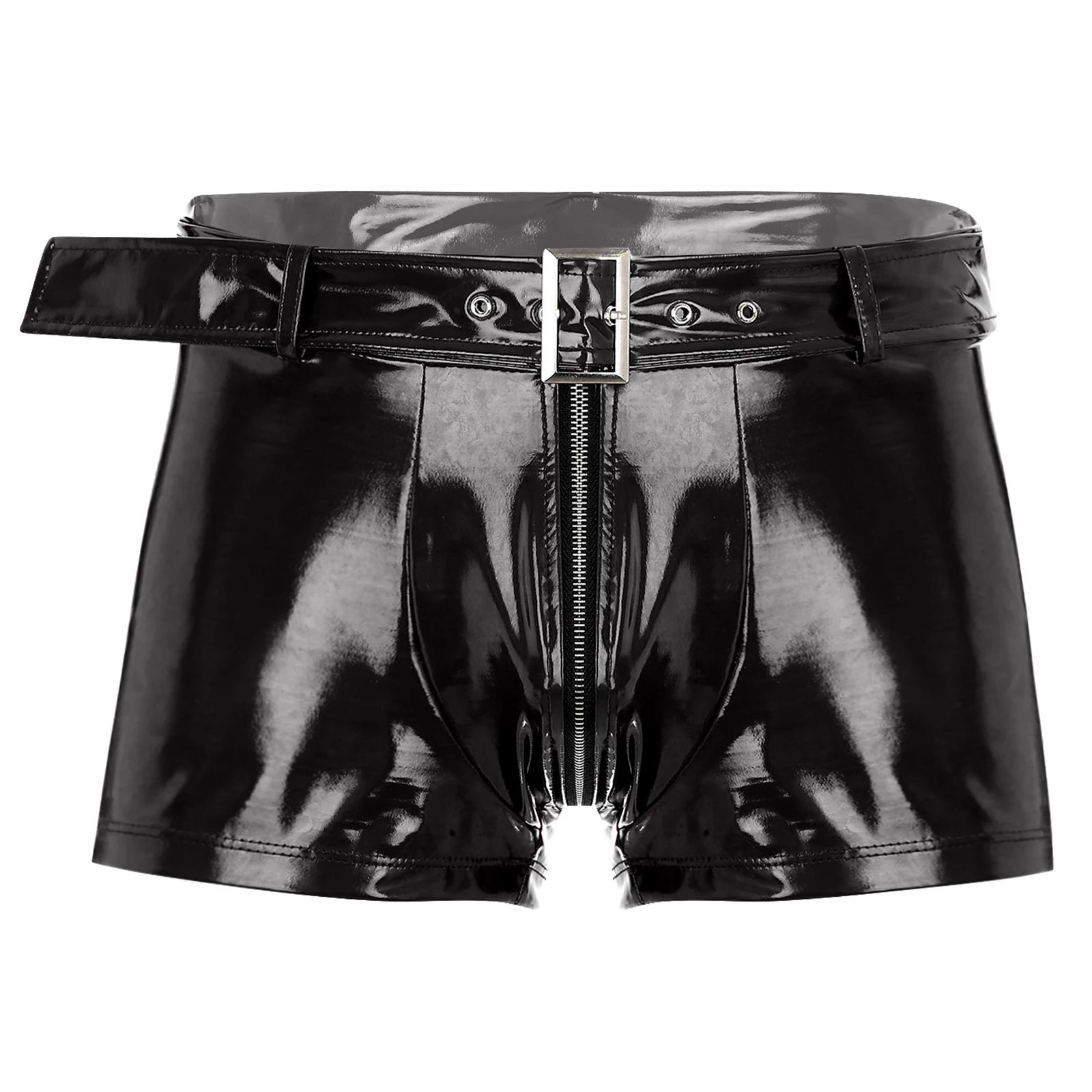 Mens Boxer Briefs Wet Look Patent Leather Hot Pants Shorts with Belt Underwear Sexy Zipper Crotch Boxers Briefs Clubwear