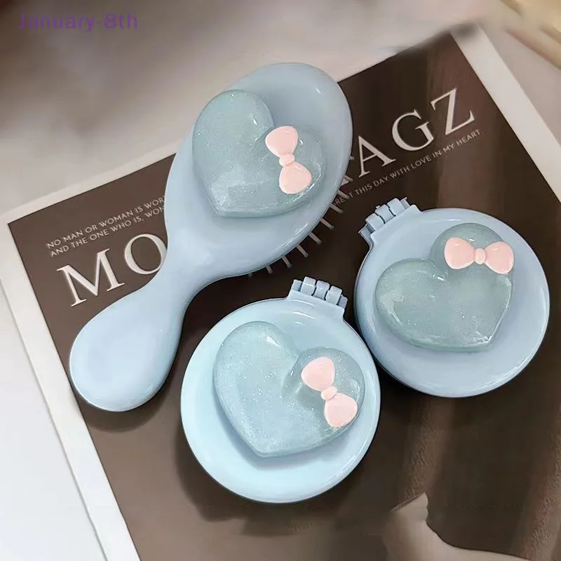 Portable Resin Heart Shaped Foldable Comb With Mirror Head Massage Airbag Comb Small Compact Kawaii Air Cushion Styling Comb