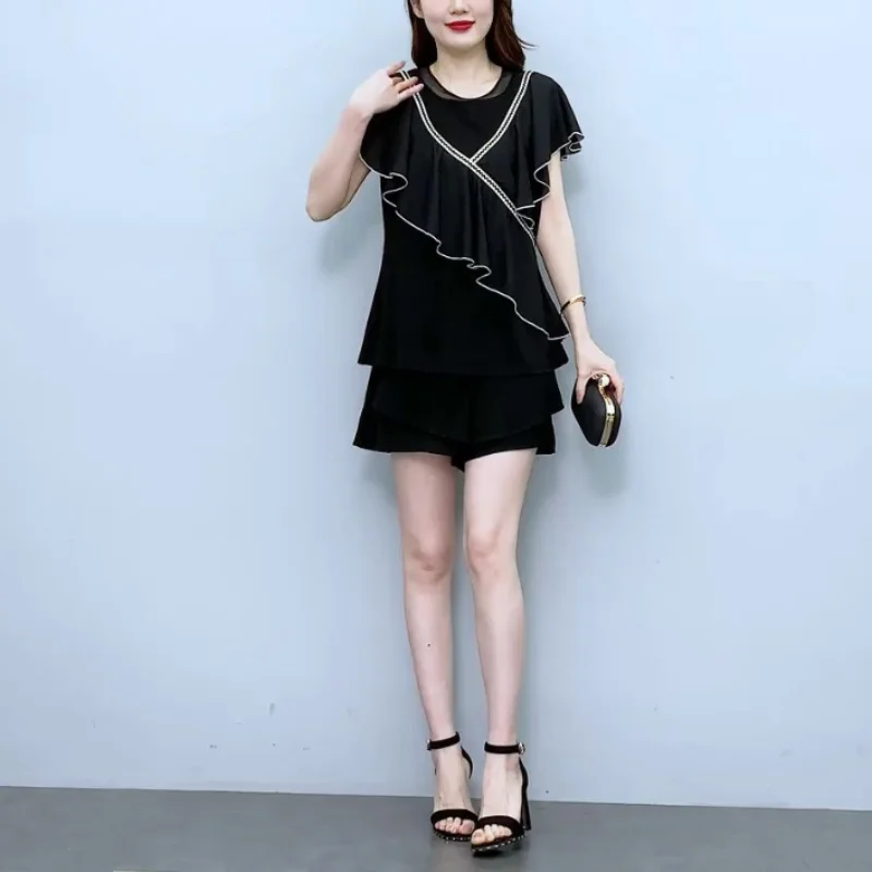 

2024 Summer New Women's Korean Pullovers Crew Neck Lace Spliced Ruffles Fashion Elegant Slim All-match Short Sleeve T-shirt Tops