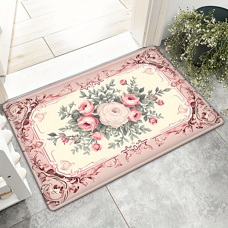 Valentine\'s Day Themed Carpet Rose Print Door Cover Anti Slip Flower Print Carpet Machine Washable Bathroom Home Decoration