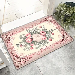 Valentine's Day Themed Carpet Rose Print Door Cover Anti Slip Flower Print Carpet Machine Washable Bathroom Home Decoration