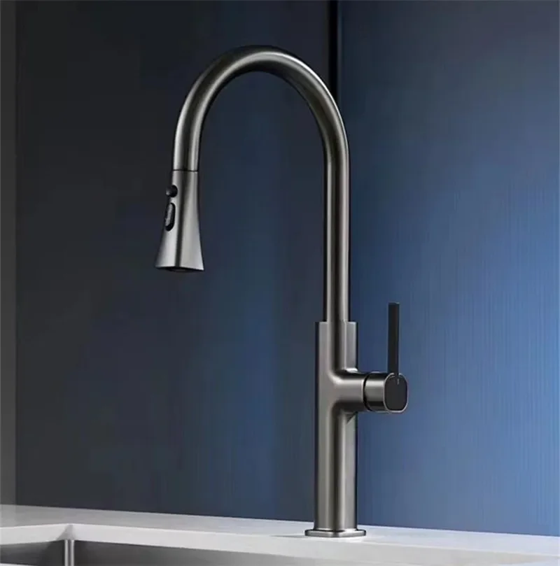 Grey Pull Out Kitchen Faucet Brushed Gold Sink Faucet Mixer Tap 360 Degree Rotation Torneira Cozinha Mixer Taps Kitchen Tap