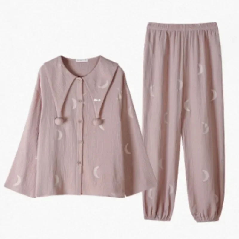 New Pajamas Women's Spring Autumn Woven Cotton Loungewear Long Sleeve Skin-friendly Sleepwear Set Loose Large Size Homewear