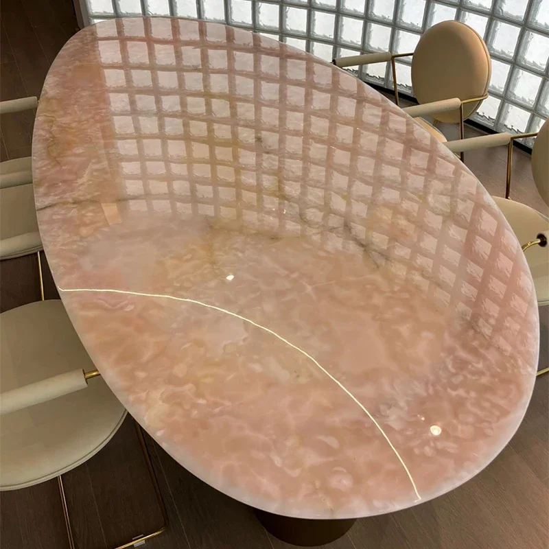 pink crystal luxury stone dining table Italian style natural marble round table