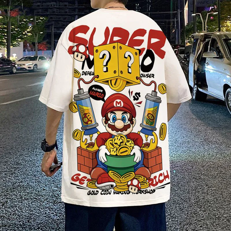 

Мужская футболка с открытыми плечами и коротким рукавом, повседневная футболка с круглым вырезом и принтом мультяшного персонажа Марио для подростков