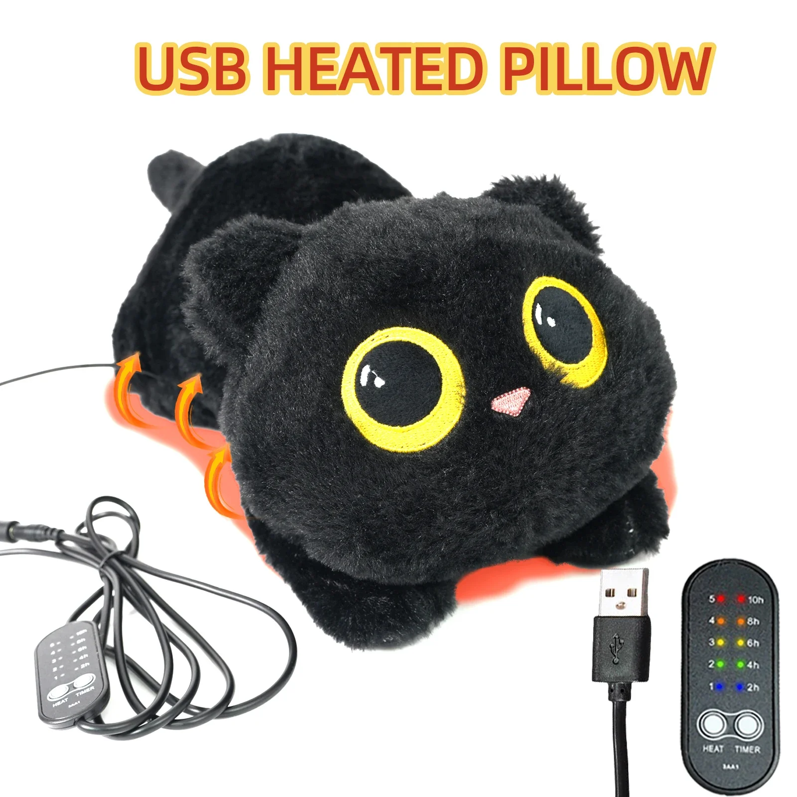 Almohadilla calefactora de gato bonito, almohada de felpa alimentada por USB para espalda, cuello, hombros, calidez, regalo de animales de peluche para niñas y mujeres