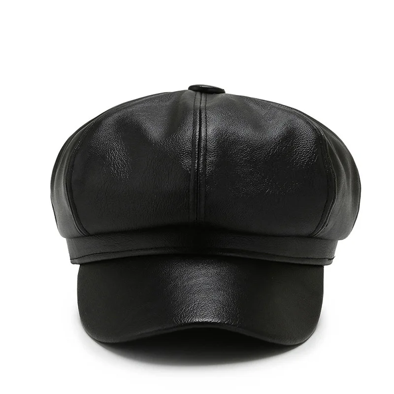 Women Men PU Leather Berets Hat Retro British Solid Beret Baseball Cap Outdoor Sun Hat Winter Warm Octagonal Hats  Caps