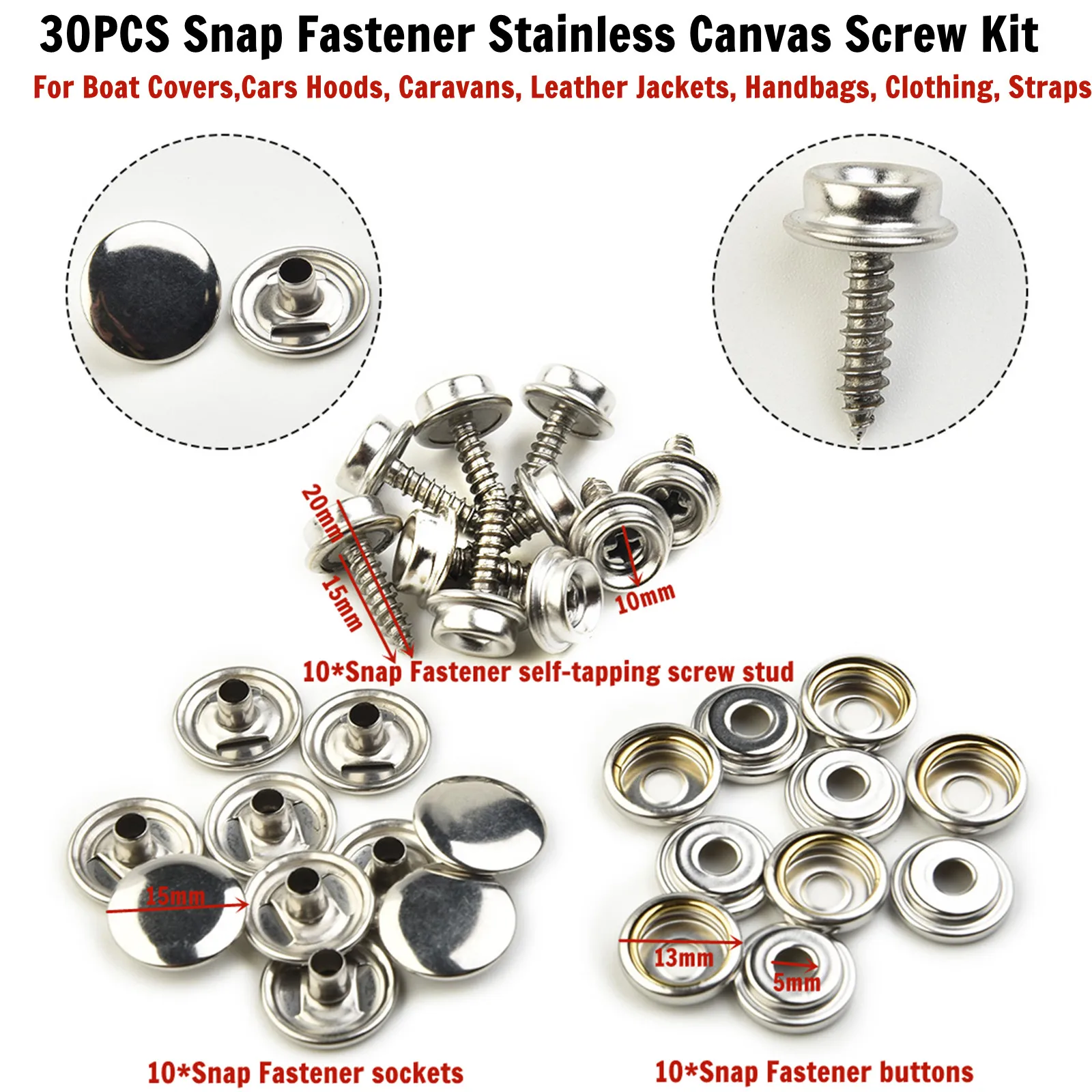 30 X Snap Press Stud Stainless Steel Fastener Cap Button Marine Boat Canvas New for Boat Covers,Cars Hoods, Caravans, Leather