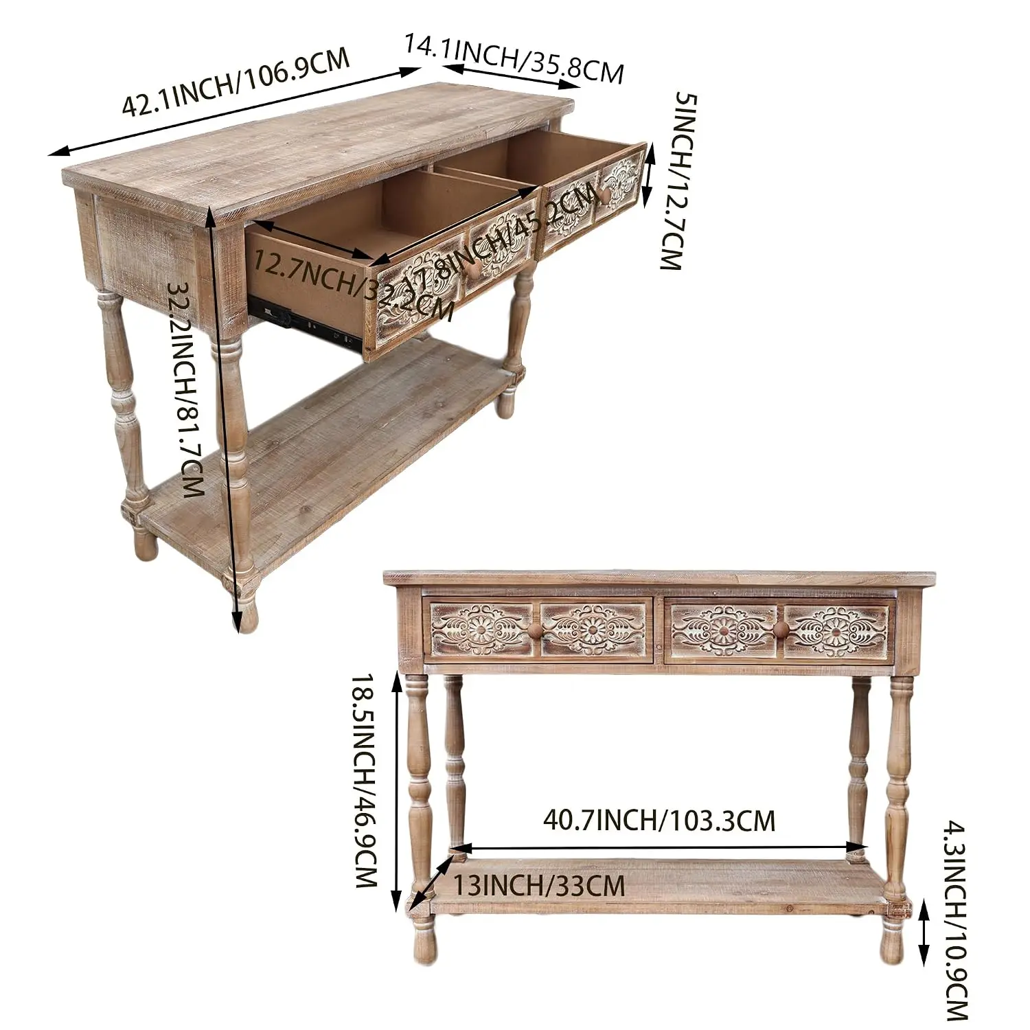 Vintage Wood End Table with 2 Drawers & 1 Bottom Shelf, Rustic Console Storage, Accent Entryway Furniture, Customized
