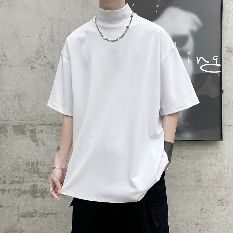 

2025 Streetwear Turtleneck Men Tshirt Solid Hip Hop Male Oversized T shirts Man Casual Short Sleeve Top Tees Black/White/Purple