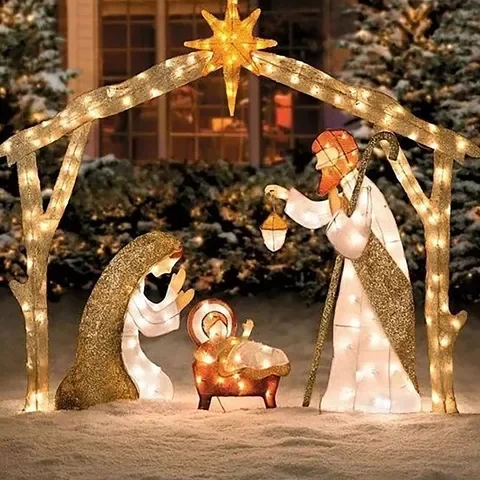 

Religious Metal Nativity Scene Figurine with Light Office Desk Accessories Easter Home Decoration Ornament belen de navidad noel