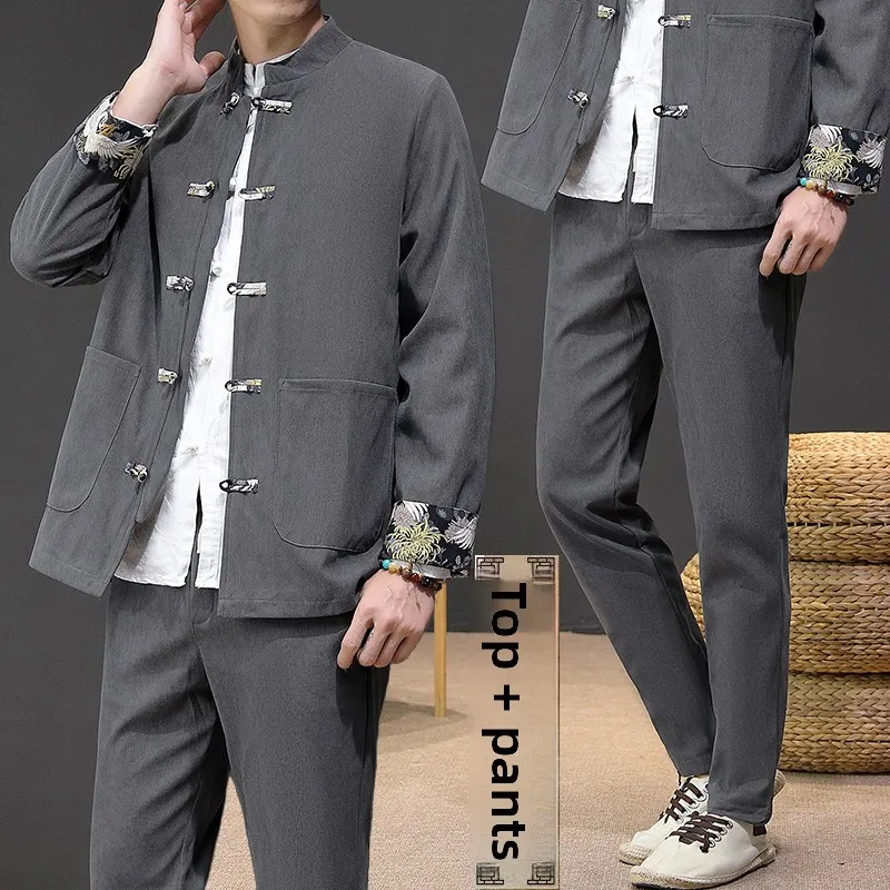 

Youth Faion Slim Fit Men's Jaet Set Embroidered Button up Corduroy Vintage Chinese Sle Clothing Stand Collar Long Sve