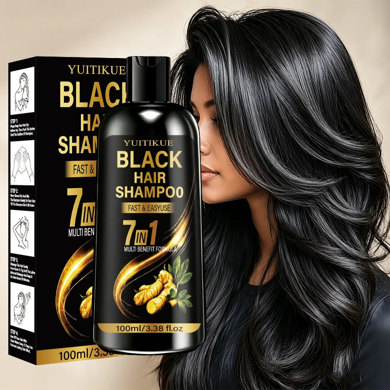 YUITIKUE Black Hair Dye Shampoo 100ml, 7 In 1 Multi Benefit, Easy Use Ginger Shampoo For Darken Gray White Hair