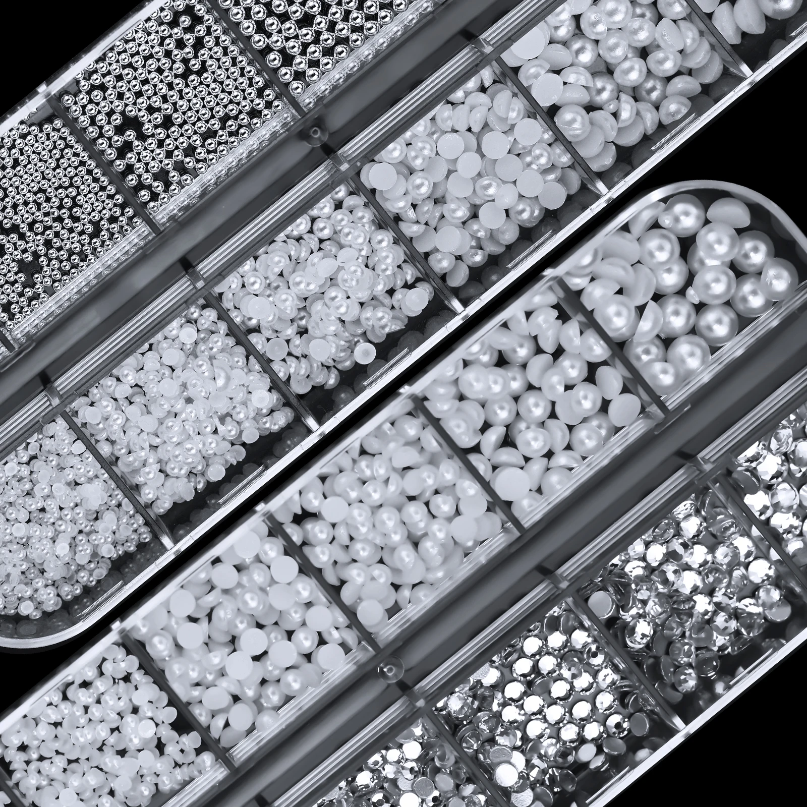 12 Grids/Box 3D Round Pearl White Nail Flat Rhinestones Mixed Size Caviar Beads Nail Stickers Nail Decoration Diy Nail Jewelry