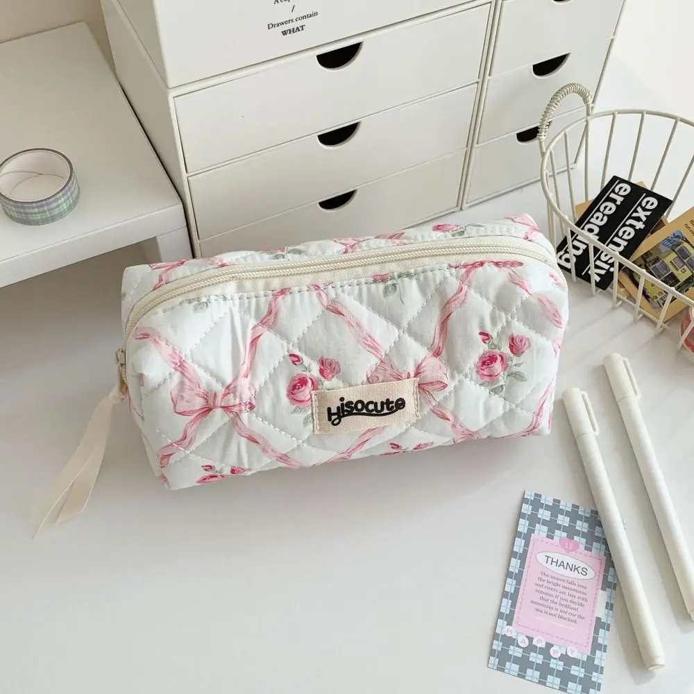 Creative Bow Large Capacity Pen Case Rhombus Flower Stationery Storage Bag Detachable Cartoon Makeup Lipstick Bag Students