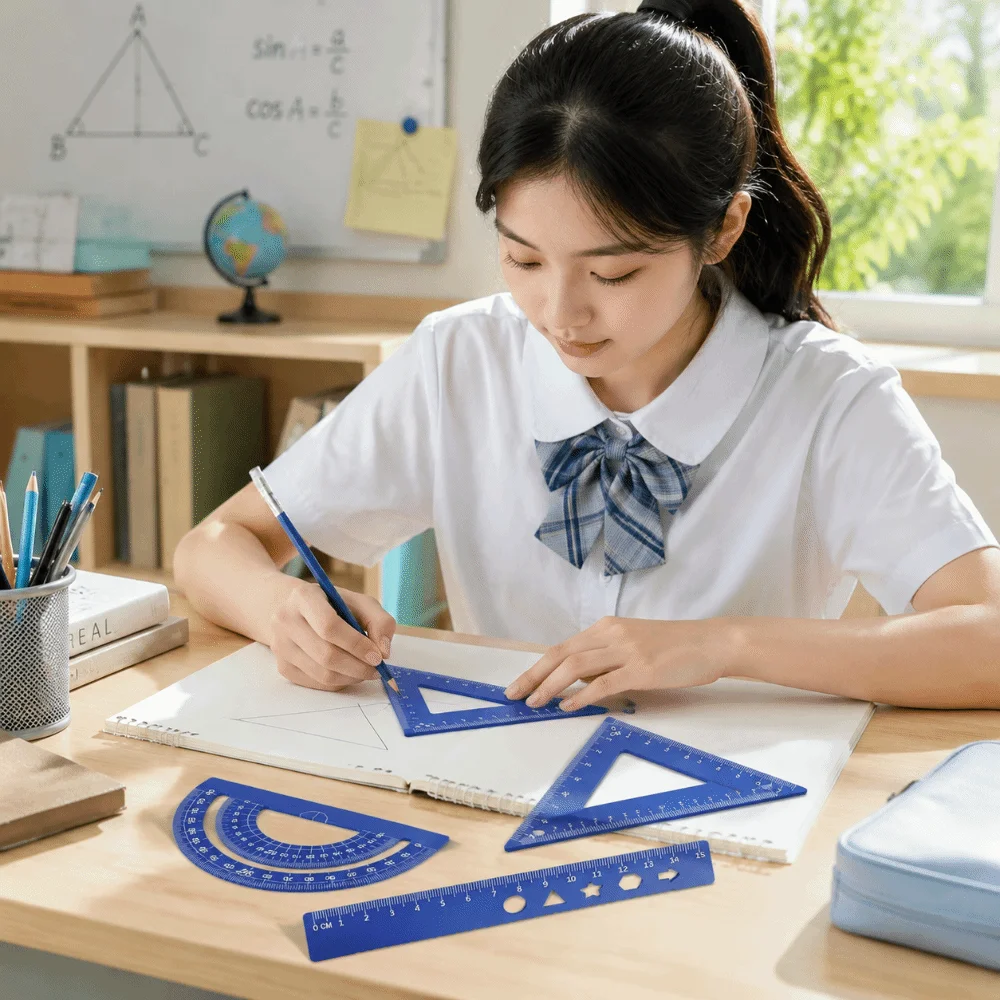 4 in 1 Metal Ruler Set Protractor Triangle Ruler Student Geometry Set Measuring Tools Angle Ruler Aluminum Alloy Drawing Set