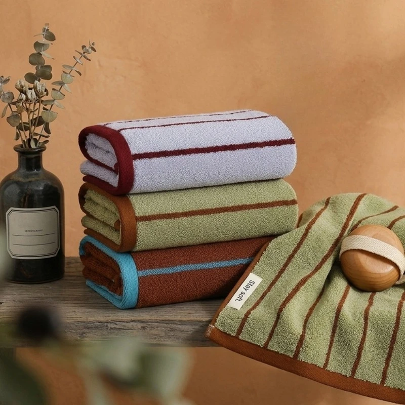 1PC Serviette de bain en coton pur à rayures, design simple, douce et agréable pour la peau, résistante aux peluches, pour la salle de bain et le visage