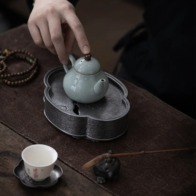 400ml Tin Tea Tray / Teapot Holder / Water Storage Tray with Patterns, Chinese style Gift, high-end for home use/Camping Tea Set