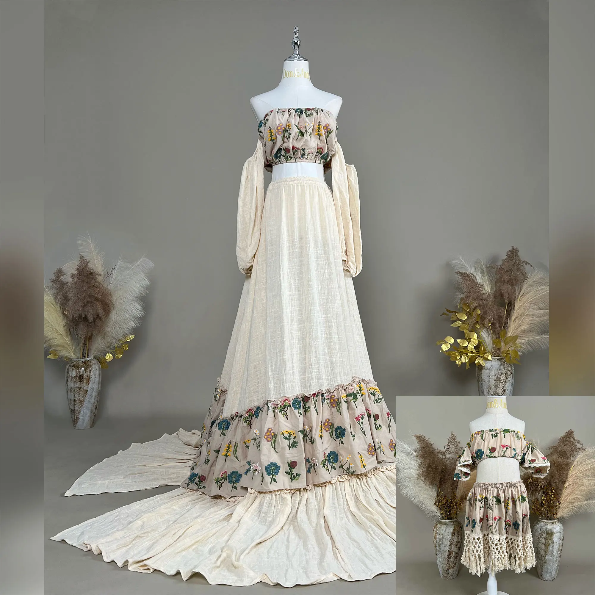 

Don&Judy Classic Cotton Multicolor Floral Embroidered Mommy and Me Dress Set for Maternity Photography Family Photo Session