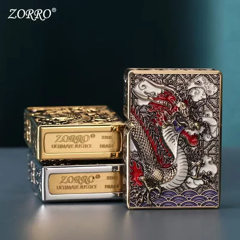 Zorro Embossed Dragon Kerosene Lighter Personalized Creative Floral Design Vintage Brass Lighter High-grade Gift