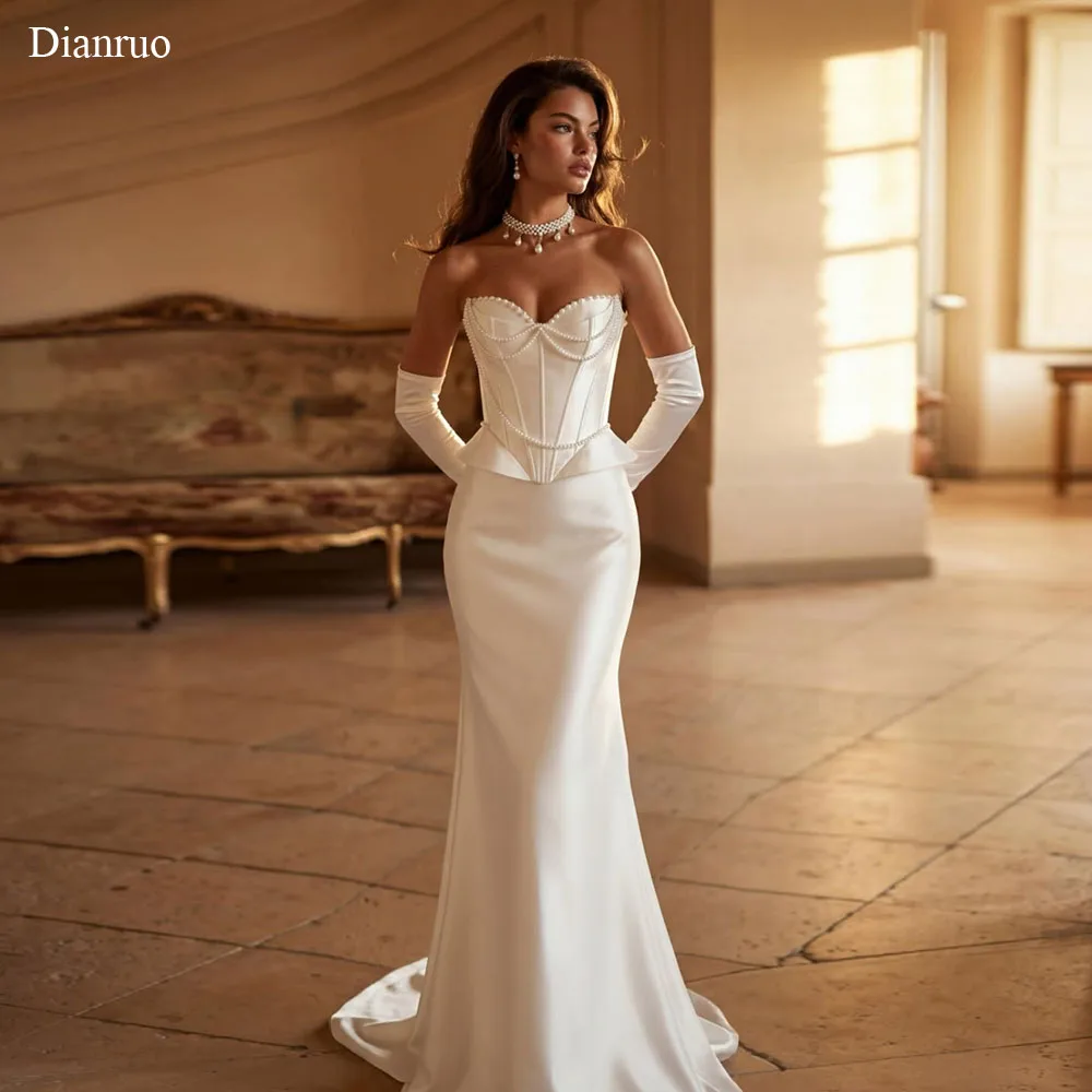 Dianruo Luxury Pearls Beaded Wedding Dress Vintage Vestido De Noiva Bridal Sweetheart Long Mermaid Evening Dress Customized