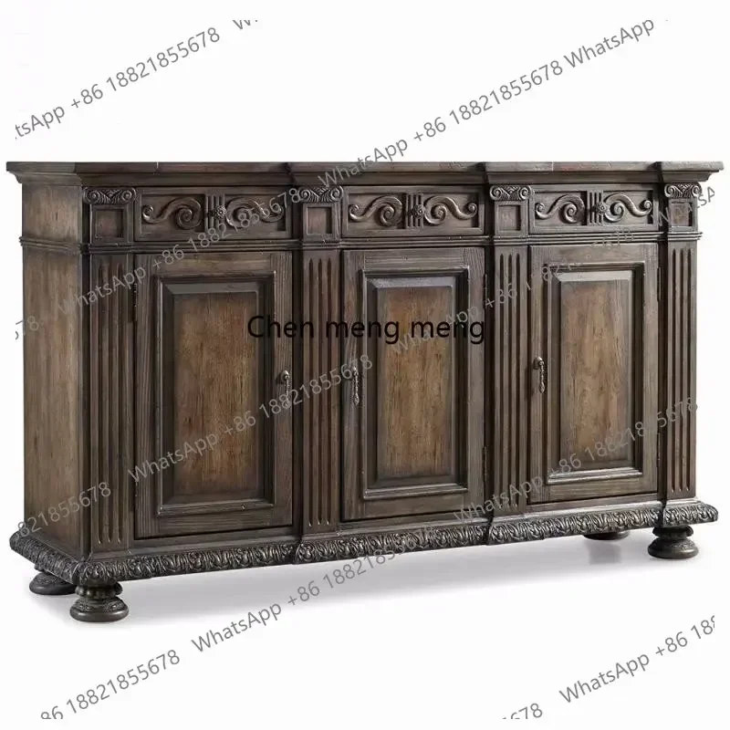 smt01 01A American solid wood porch cabinet villa retro carved three-door dining side storage decorative cabinet