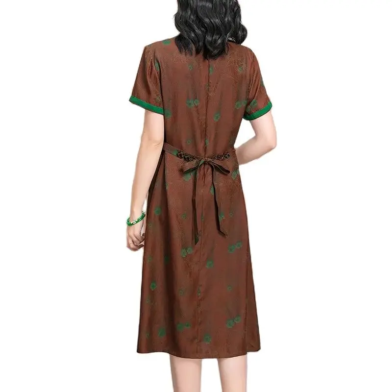 BirdTree, Watered Gazue, 100%Real Silk Elegant Dresses, Women Stand Collar Short Sleeve, OL Retro Dress, Spring Summer D44012QM