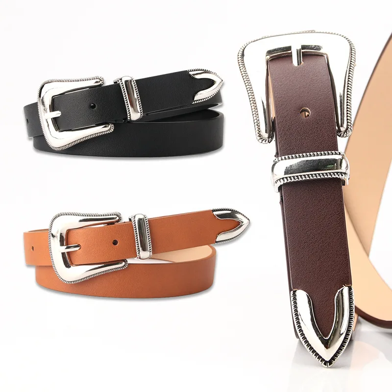 

Vintage Carved Buckle Women's Belt Fashion Versatile Dress Accessories PU Leather Gothic Leisure Solid Color Metal Belts