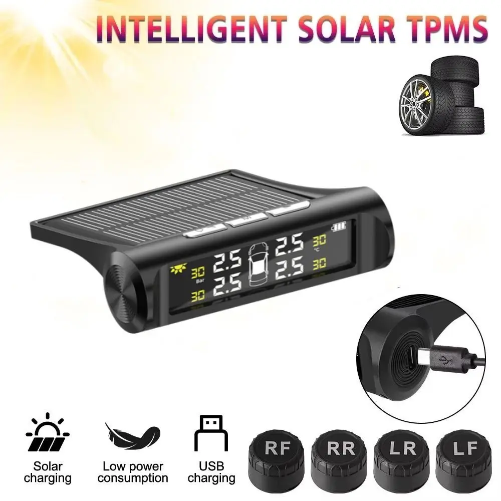 

TPMS Система контроля давления в шинах Цифровой ЖК-дисплей Солнечная энергия Монитор давления в шинах Сигнализация Предупреждение Безопасность вождения