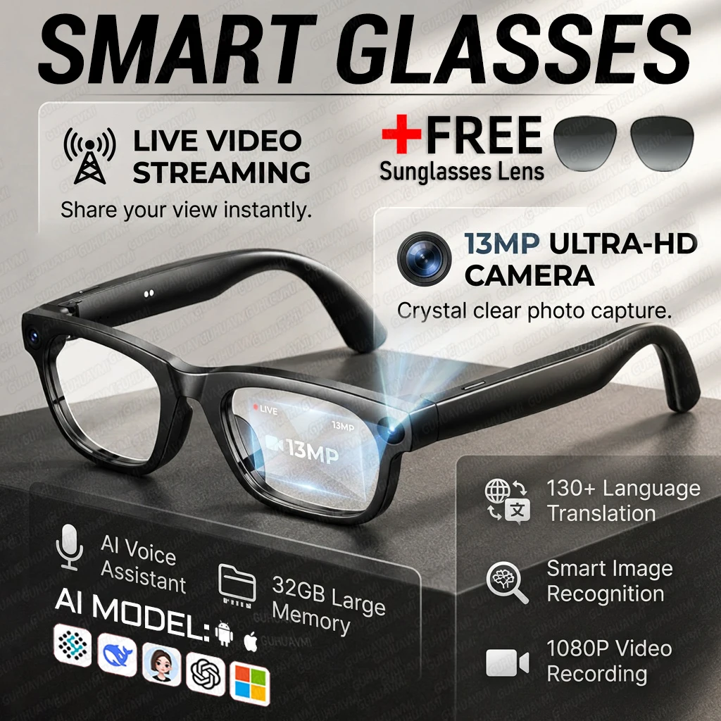 2026 AI Smart Glasses 13MP Camera Take Photo Live Streaming ChatGPT Translations Stabilized POV Recording Audio Music Sunglasses
