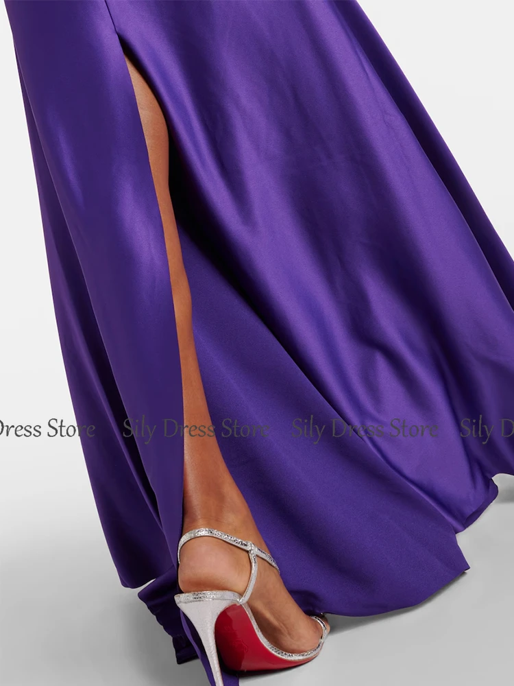 Purple Long Evening Dresses Satin&Jersey A-line Formal Party Dress Strapless Split Ruched Valentine\'s Day Gown 2024