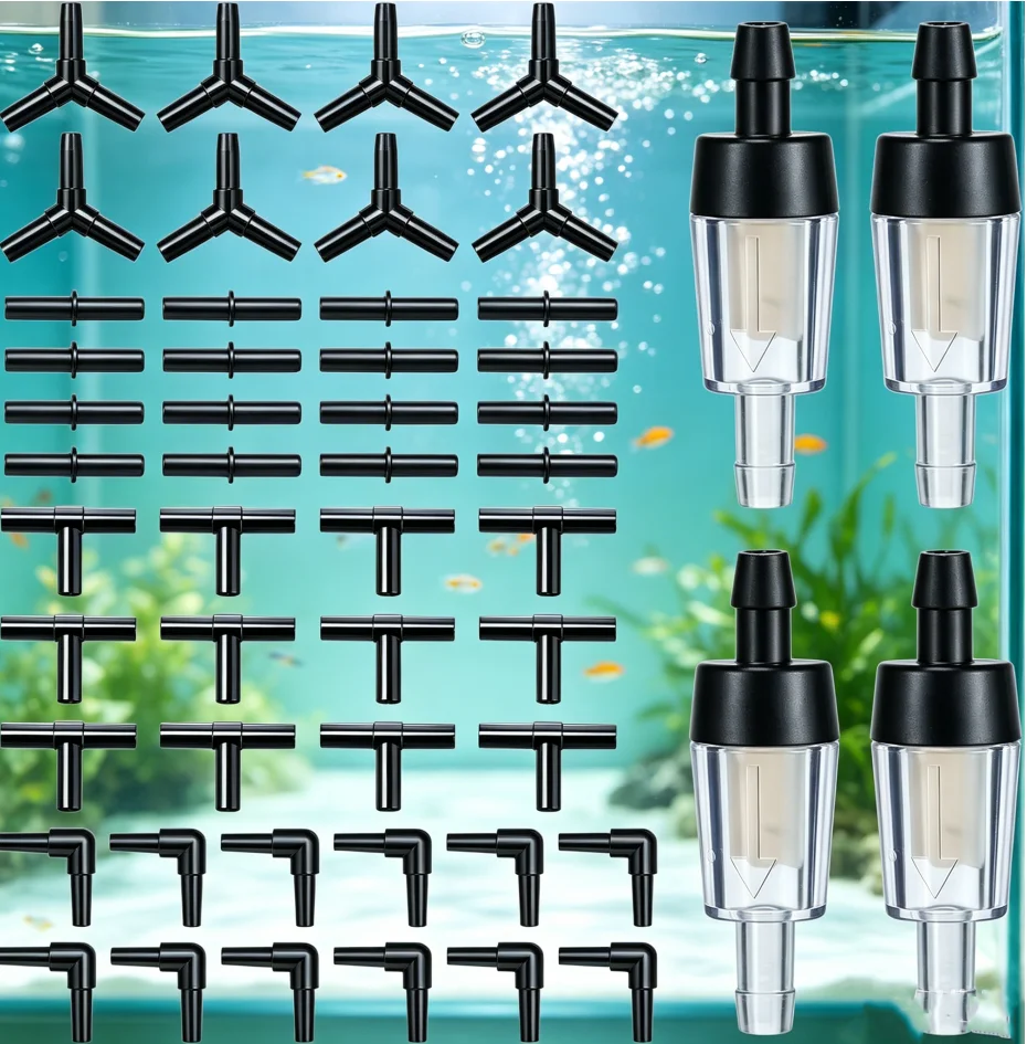 Aquarium Air Tubing Fitting Kit, Non-Toxic Plastic Air Line Connectors, Fit 3/16 Inch Fish Tank Oxygen Pump Air Hose Accessories