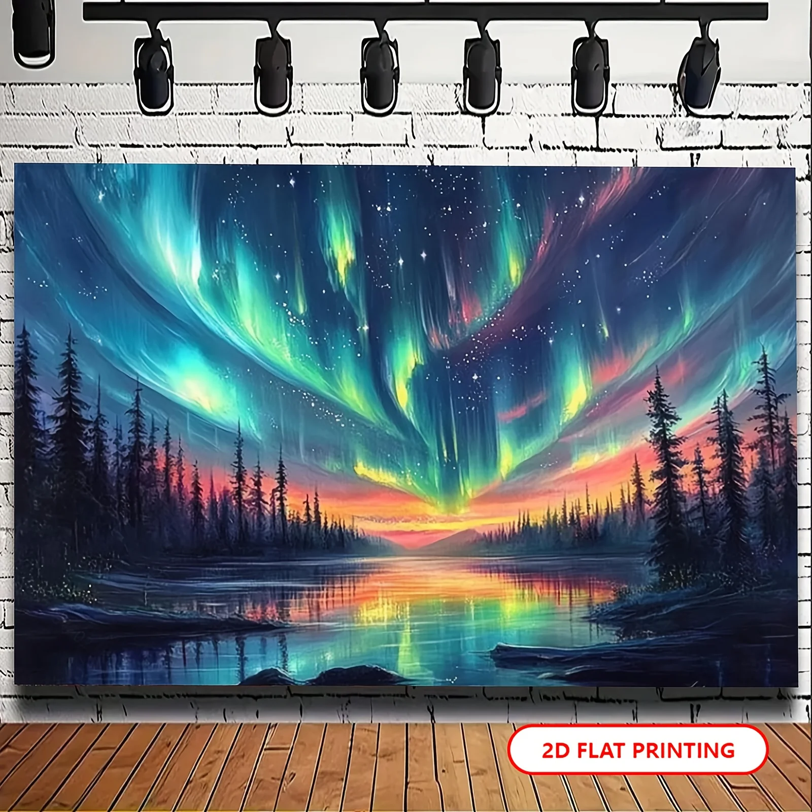 2D Flat, 1pc UV Reactive Glow-in-the-Dark Aurora Tapestry Wall Hanging - UV Activating Northern Lights, Pine Trees & Starry Nigh