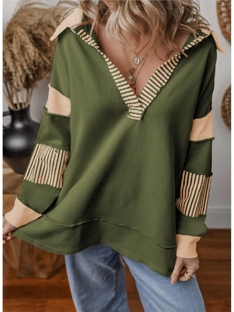 Casual Versatile Deep V-neck Pullover Striped Color Block Long-sleeved Loose Sweatshirt Women's Autumn Commuting Retro Style Top