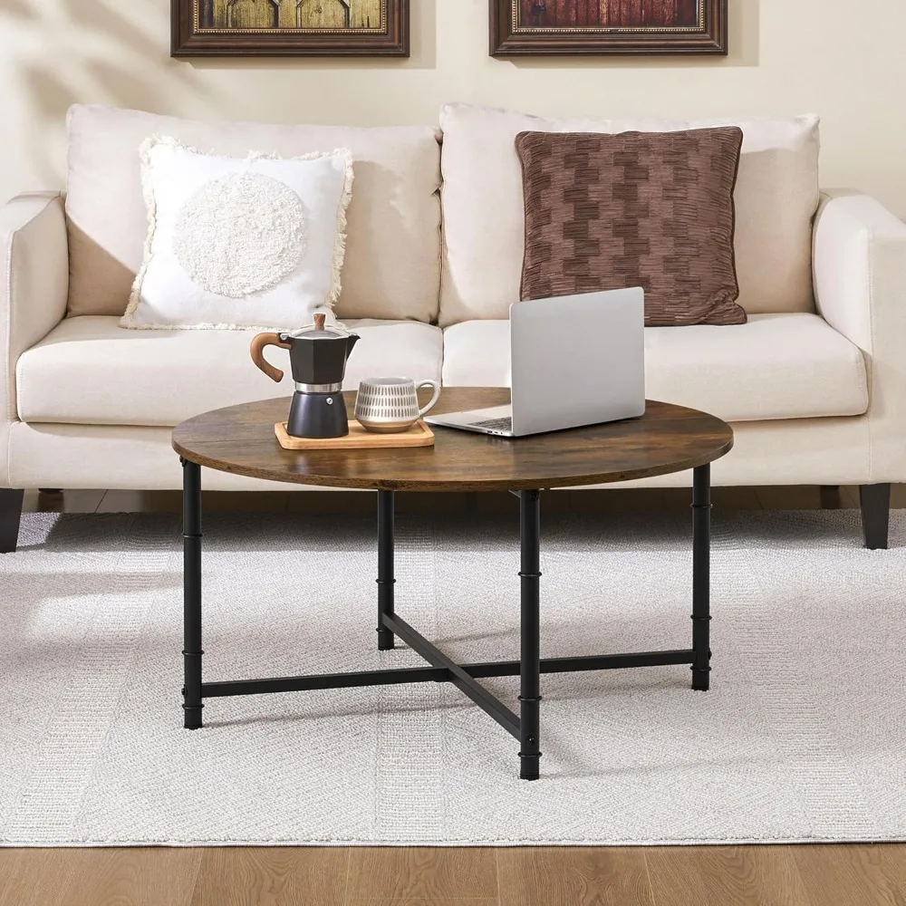 Rustic Circle Coffee Table with Modern Metal Legs for Living Room
