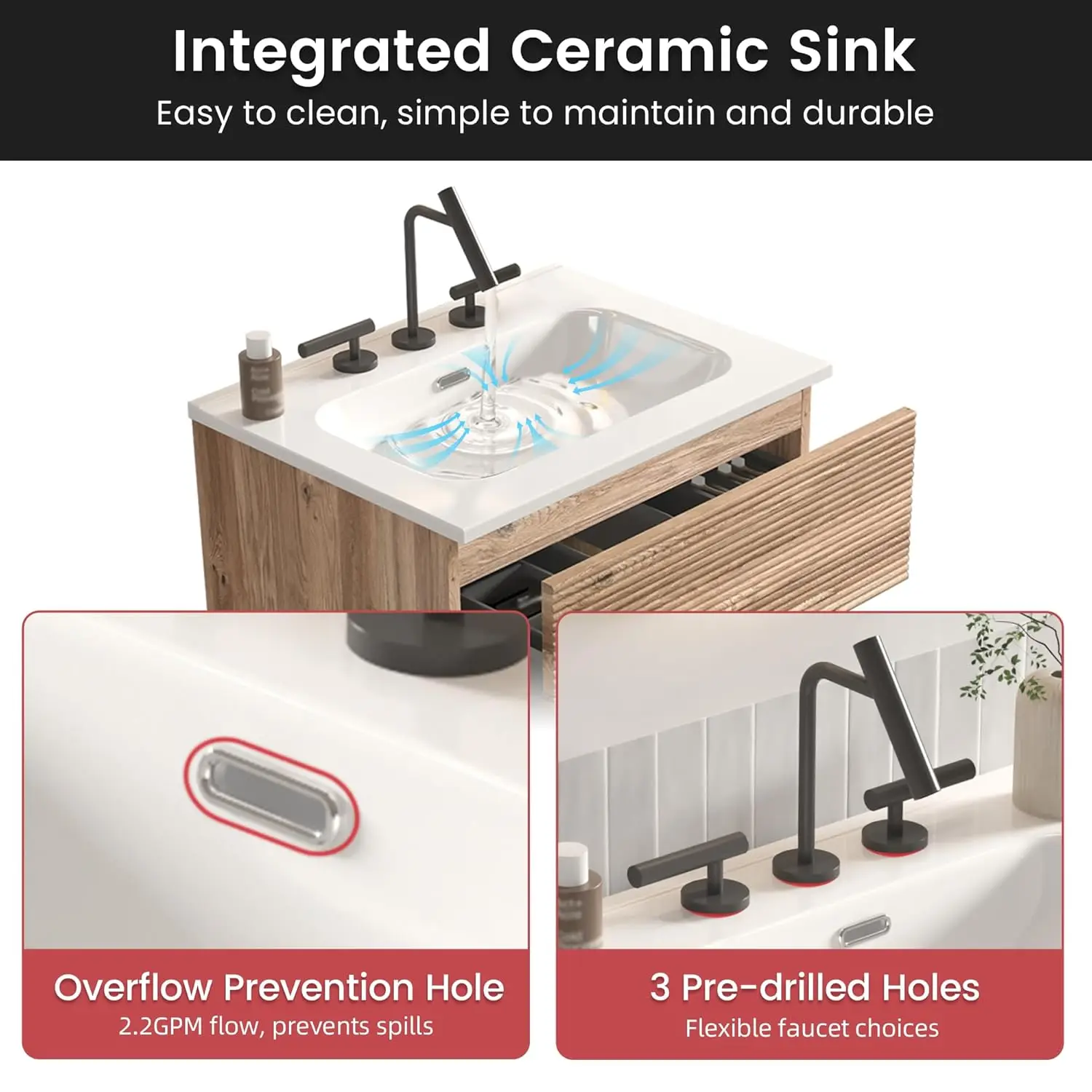 24" Wall Mounted Bathroom Vanity with Ceramic Sink Soft Close Drawers Rough Oak Small Apartment Customized - view 4