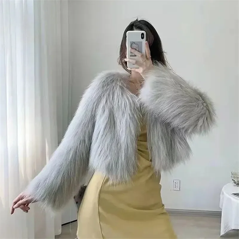 Women Faux Fur Coat Solid V Neck Short Cardigan Autumn Winter Clothes New Korean Fashion Long Sleeve Abrigo Mujer