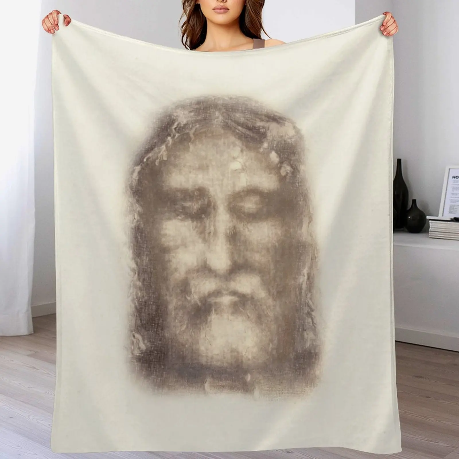 Shroud of Turin Face of Jesus Christ with Crown of Thorns Beige Vintage Background Painting HD High Quality Throw Blanket