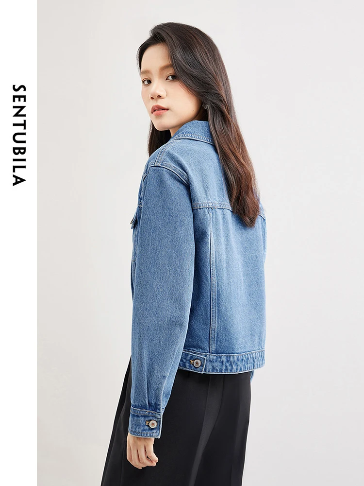 SENTUBILA Casual Cotton 100% Washed Lapel Cropped Denim Jacket 2024 Spring Fashion Loose Long Sleeve Jeans Coat Woman W41W53399